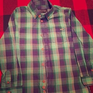 Blue and green button up top